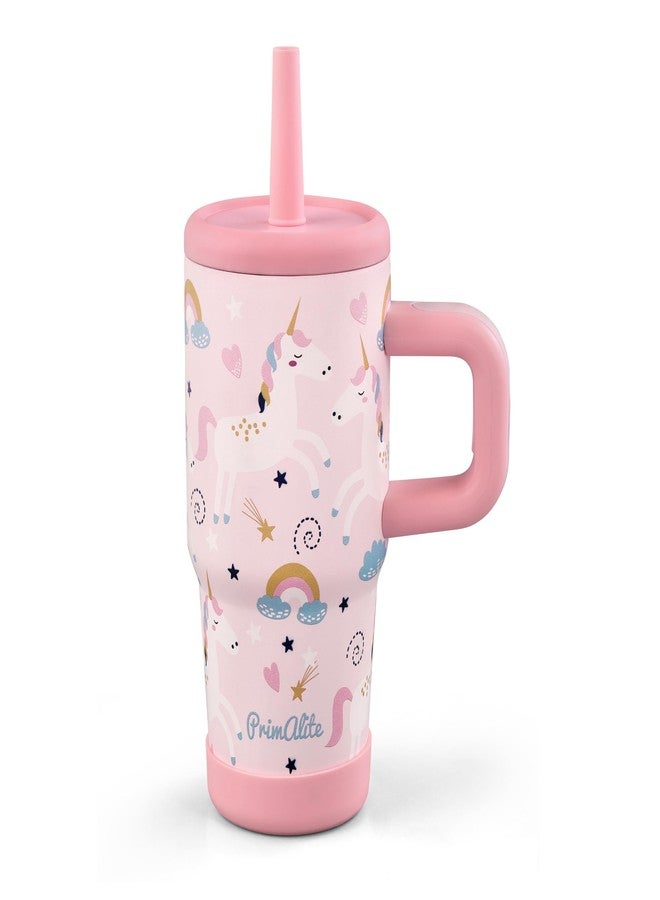 Primalite 450ML KIDS Stainless Steel Insulated Tumbler with Handle & Silicone Straw Lid | Double-Wall Vacuum, Silicone Base, Vent Hole | Spill-Proof Travel Mug Cup Sipper Water Bottle-Unicorn Rainbows - Image 1